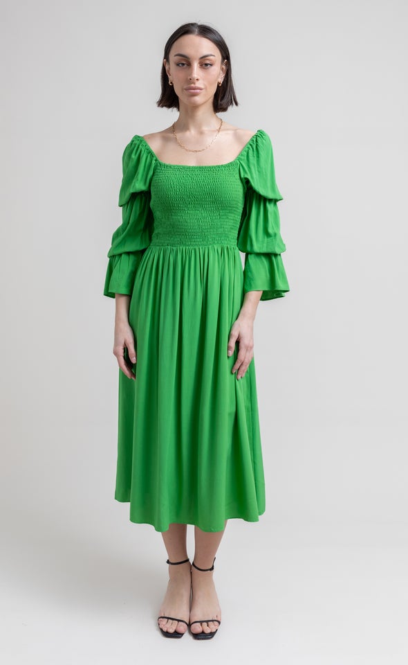 Poplin Shirred Puff Sleeve Dress Bright Green