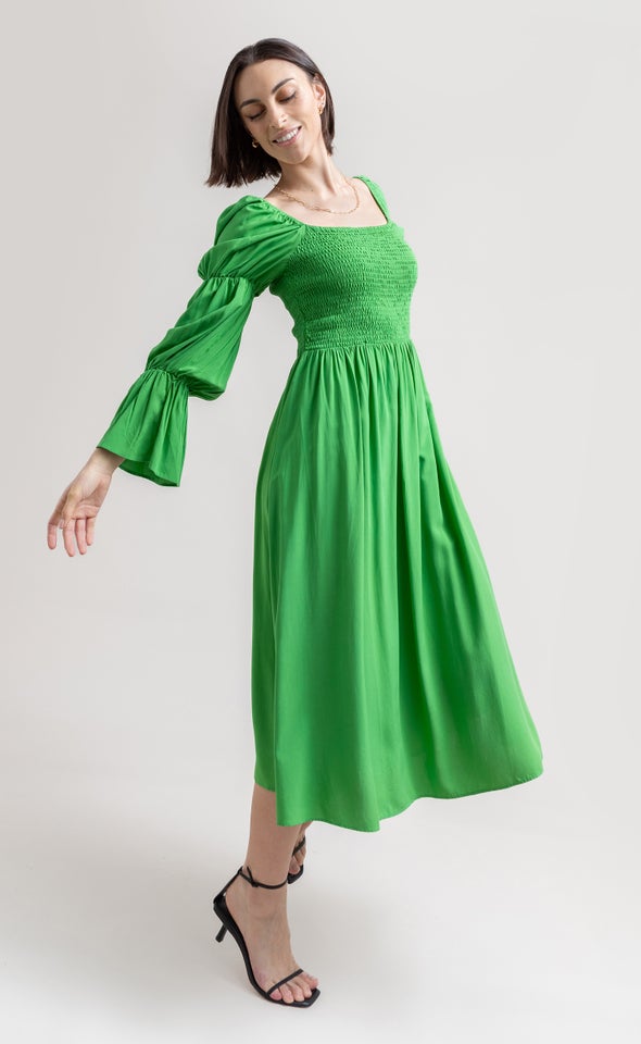 Poplin Shirred Puff Sleeve Dress Bright Green