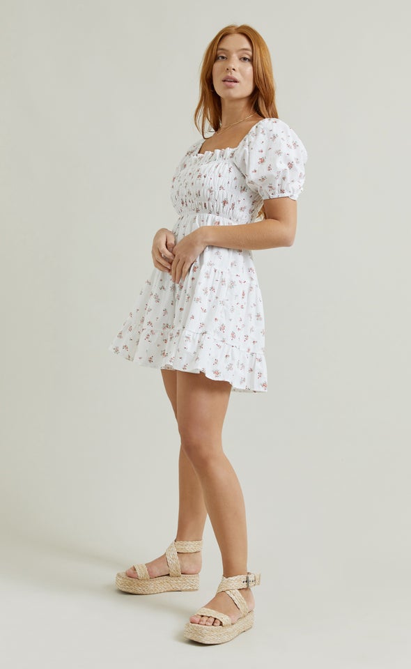 Poplin Shirred Puff Sleeve Dress Cream/floral