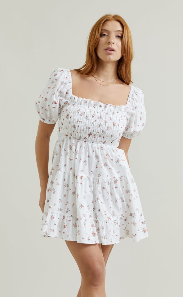 Poplin Shirred Puff Sleeve Dress Cream/floral