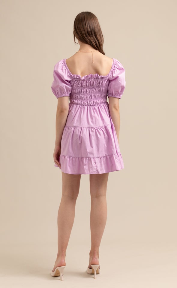 Poplin Shirred Puff Sleeve Dress Pagani