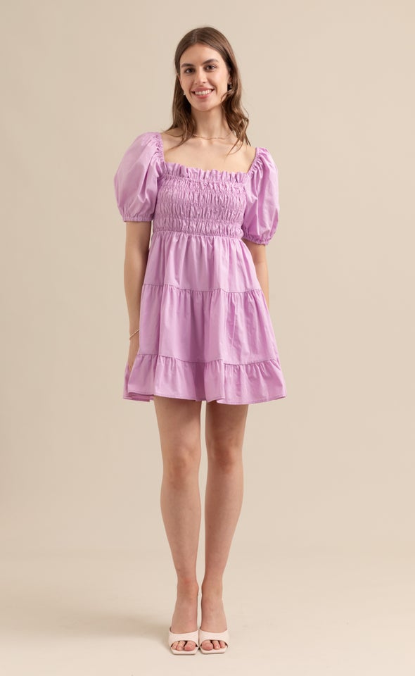 Poplin Shirred Puff Sleeve Dress Pagani