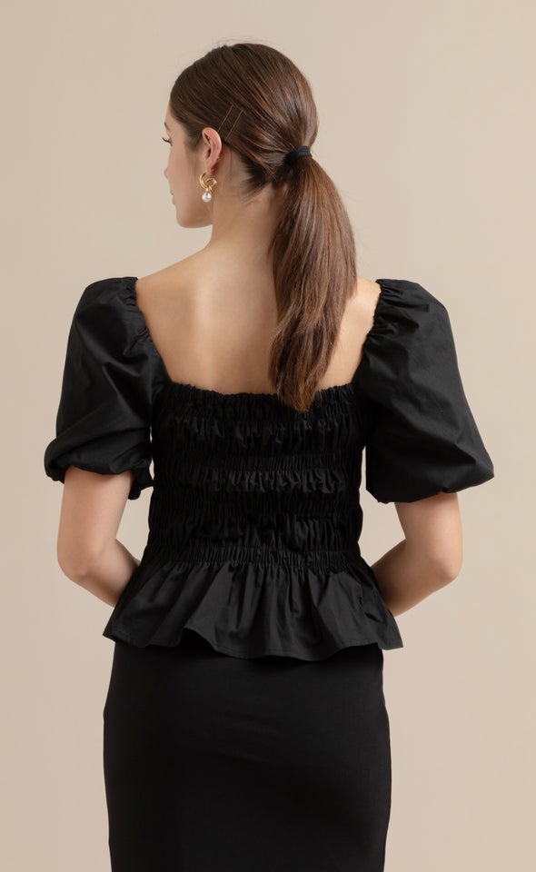 Poplin Shirred Puff Sleeve Top Black