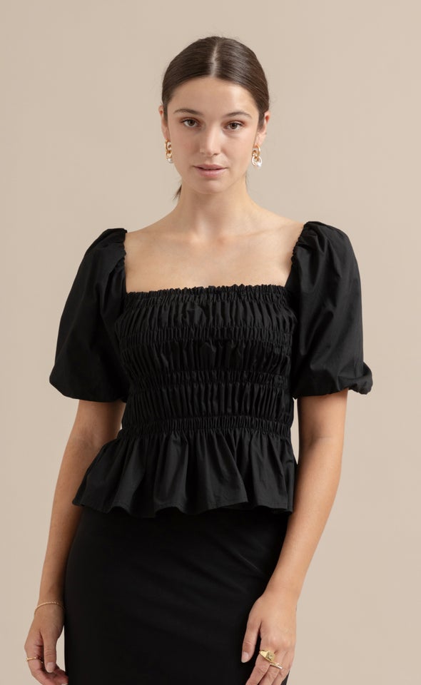 Poplin Shirred Puff Sleeve Top Black