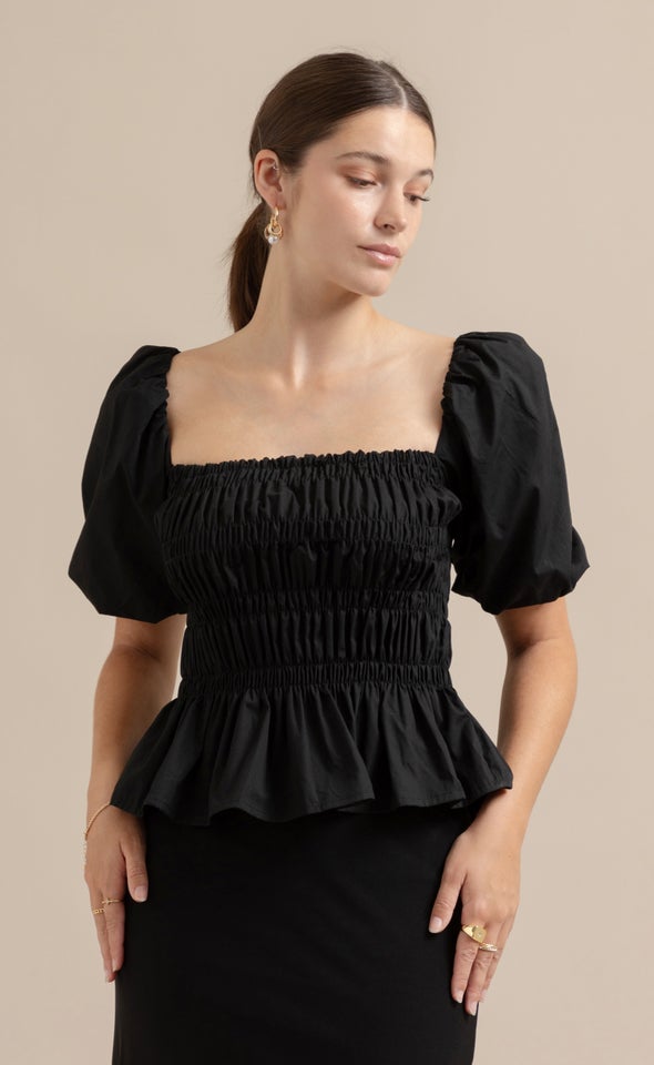 Poplin Shirred Puff Sleeve Top Black