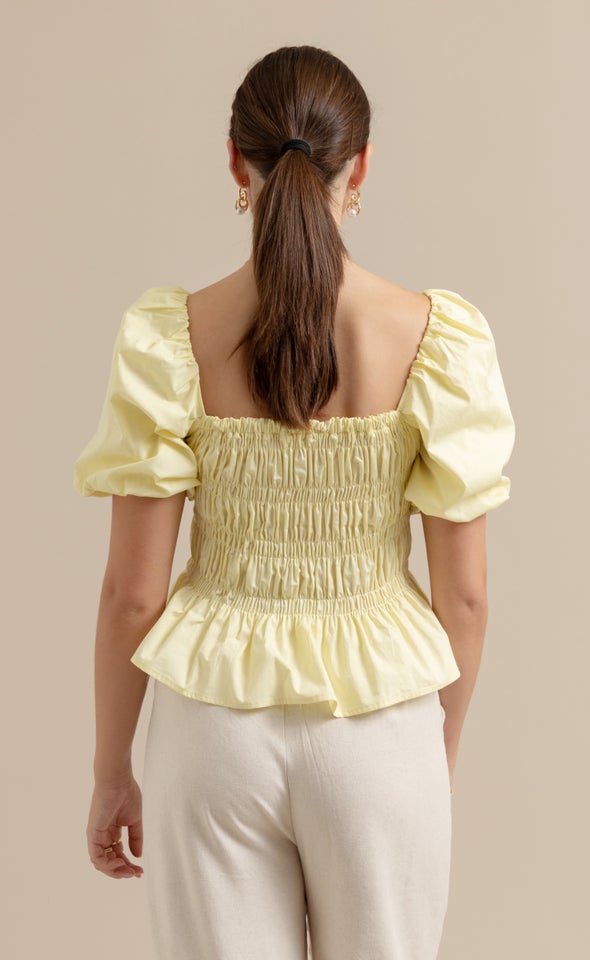 Poplin Shirred Puff Sleeve Top Lemon