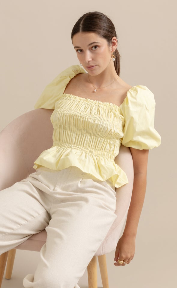 Poplin Shirred Puff Sleeve Top Lemon