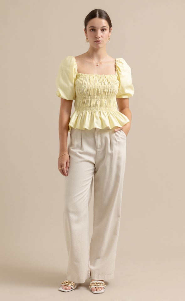 Poplin Shirred Puff Sleeve Top Lemon