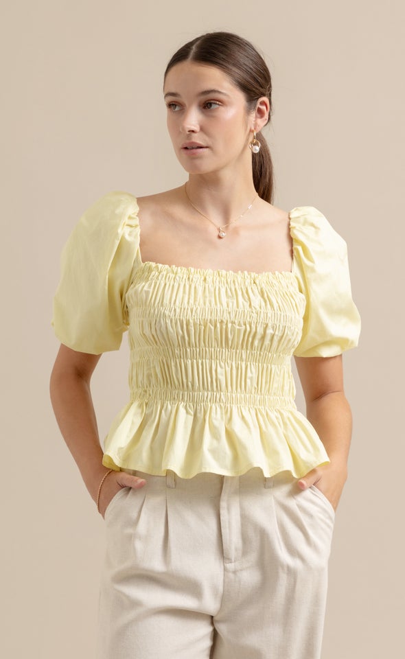 Poplin Shirred Puff Sleeve Top Lemon