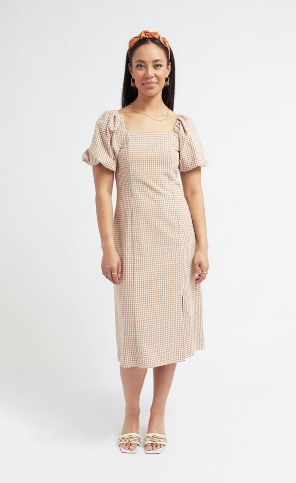 Poplin Square Neck Midi Dress Cream/tan