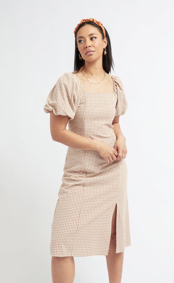 Poplin Square Neck Midi Dress Cream/tan