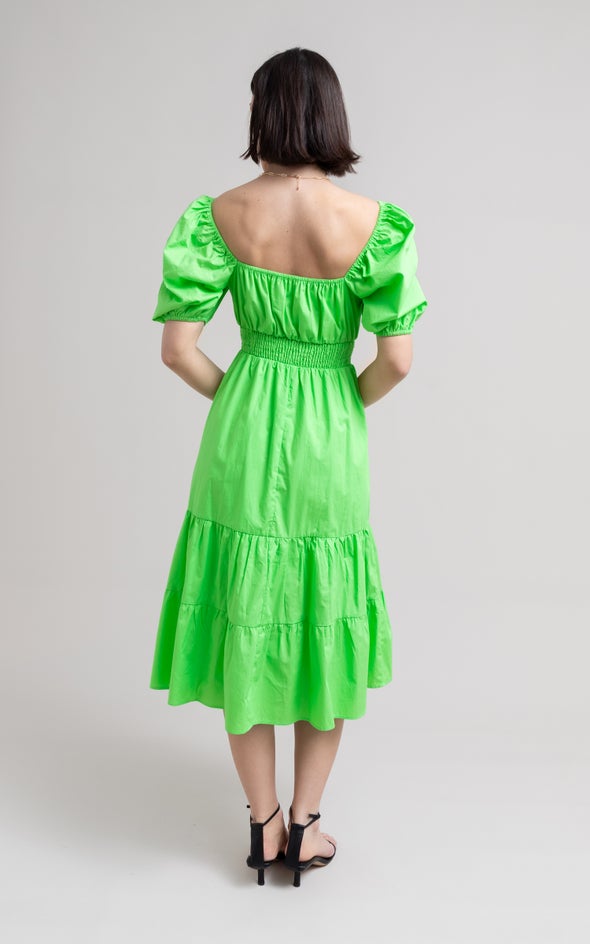 Poplin Square Neck Midi Dress Lime Green