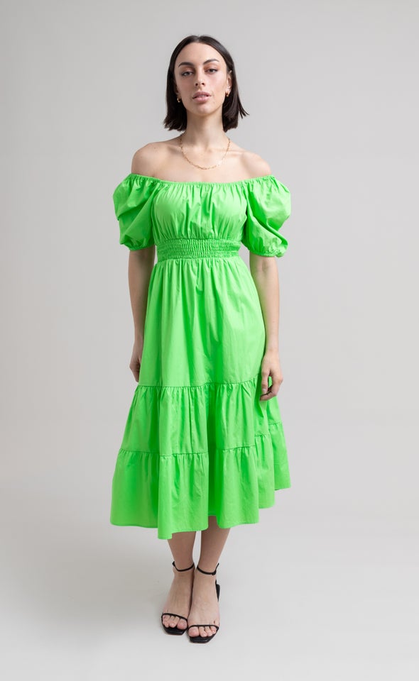 Poplin Square Neck Midi Dress Lime Green