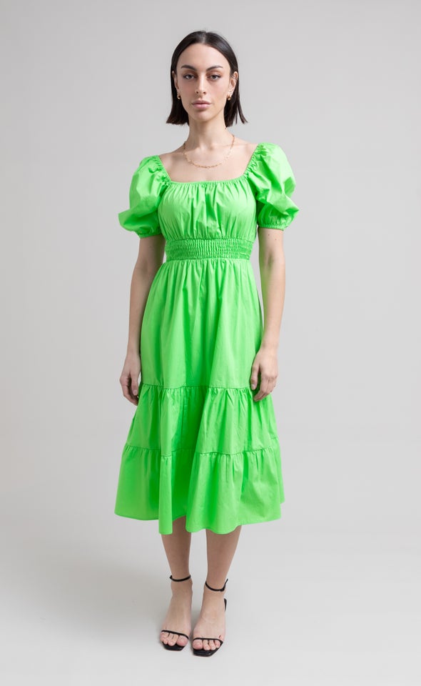 Poplin Square Neck Midi Dress Lime Green