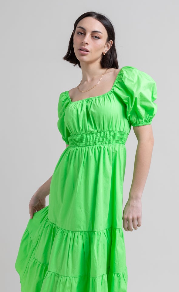 Poplin Square Neck Midi Dress Lime Green
