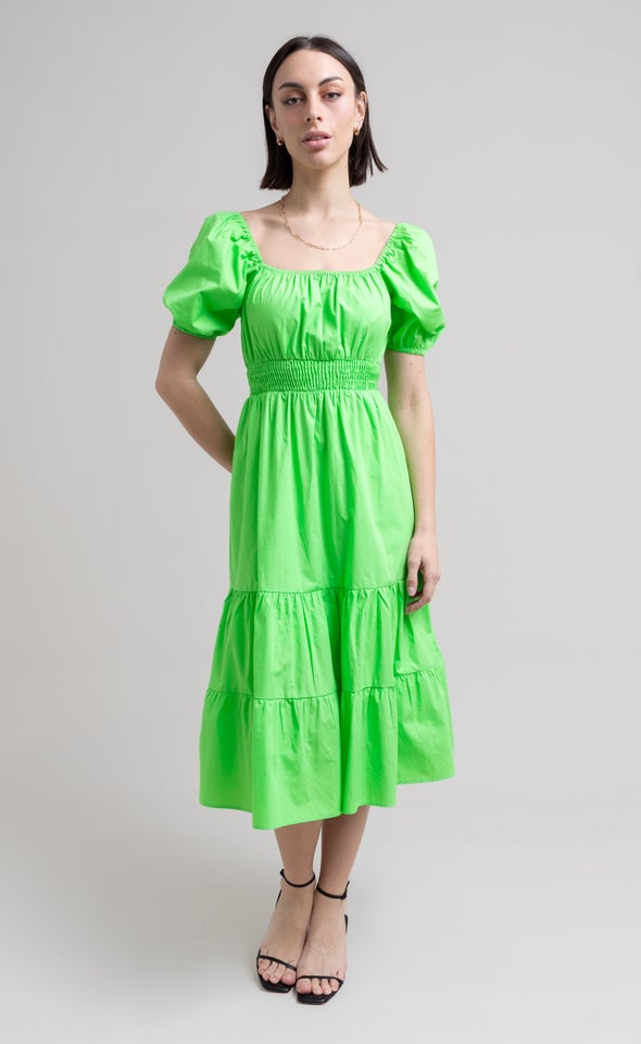 Poplin Square Neck Midi Dress Lime Green