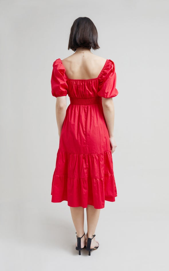 Poplin Square Neck Midi Dress Red