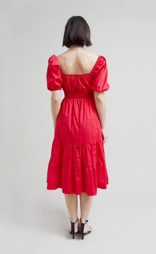 Poplin Square Neck Midi Dress Red