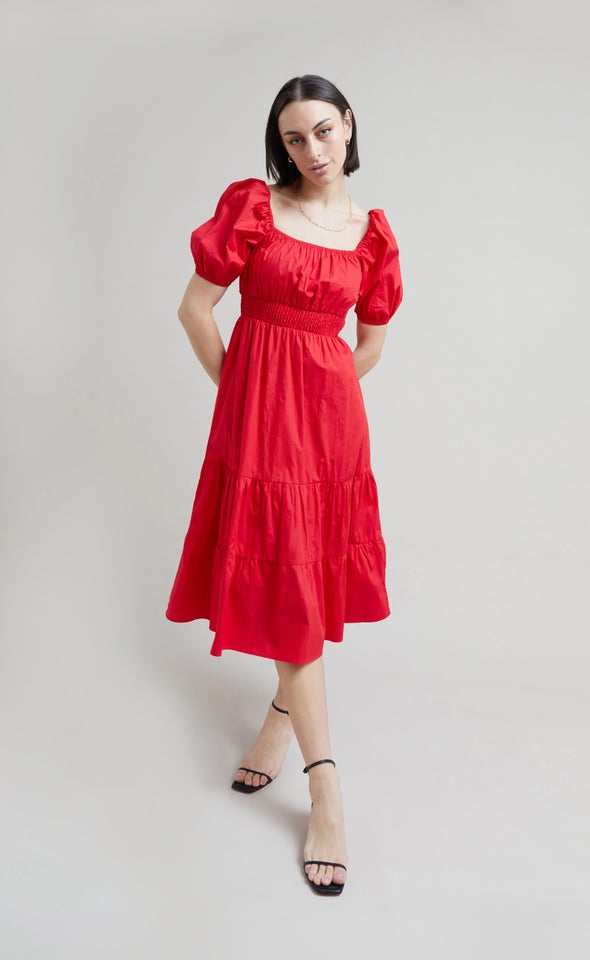 Poplin Square Neck Midi Dress Red