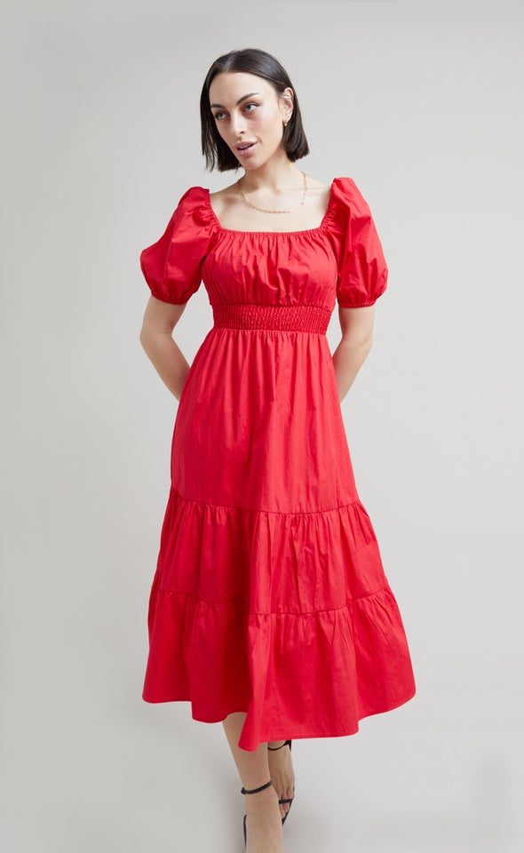 Poplin Square Neck Midi Dress Red