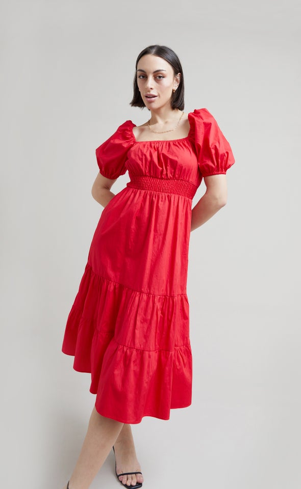 Poplin Square Neck Midi Dress Red