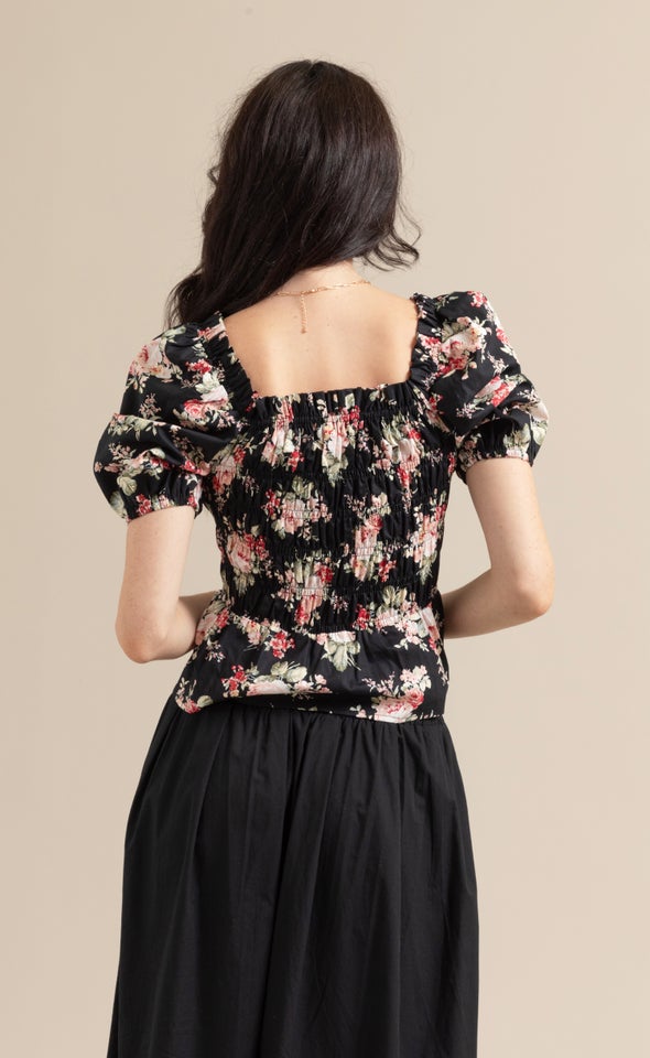 Poplin Square Neck Shirred Top Black/floral