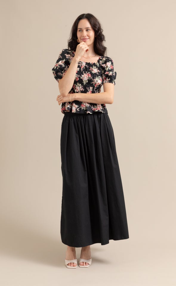 Poplin Square Neck Shirred Top Black/floral