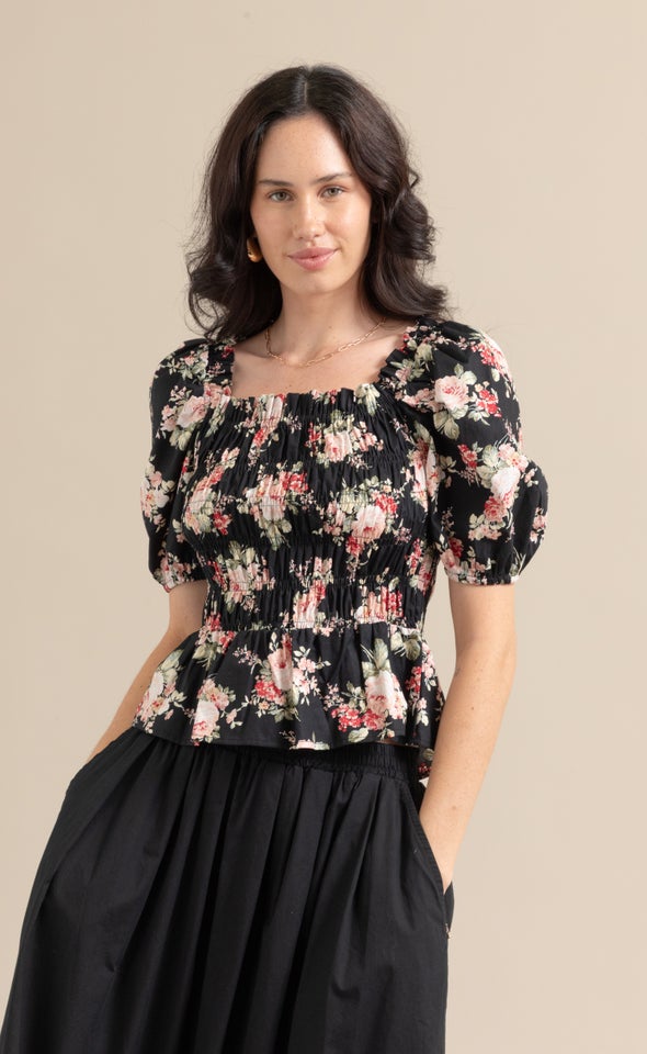 Poplin Square Neck Shirred Top Black/floral