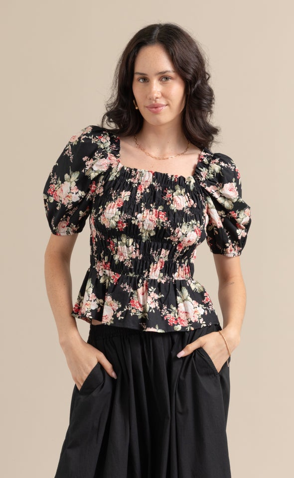 Poplin Square Neck Shirred Top Black/floral