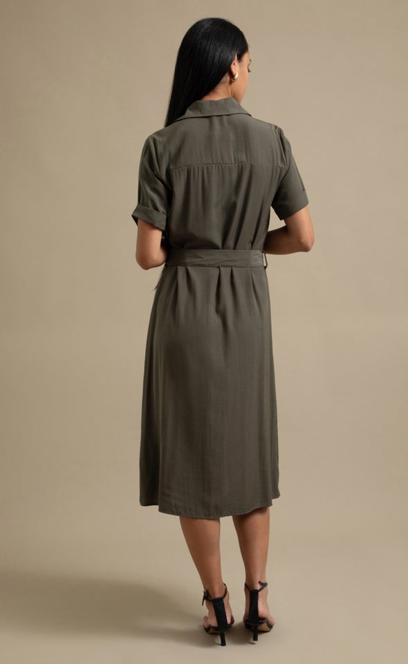Poplin SS Tie Waist Midi Shirt Dress Khaki