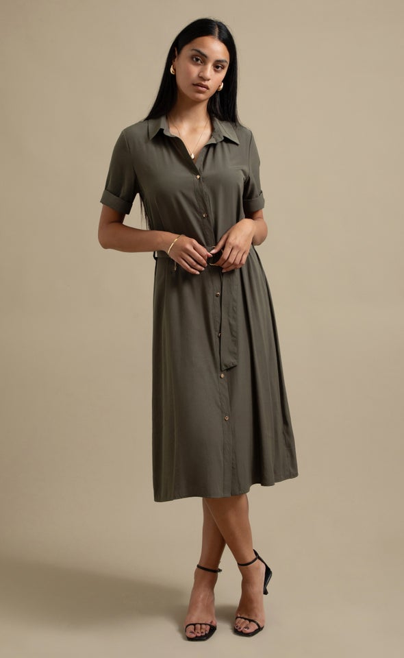 Poplin SS Tie Waist Midi Shirt Dress Khaki