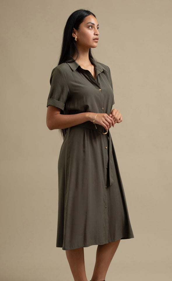 Poplin SS Tie Waist Midi Shirt Dress Khaki