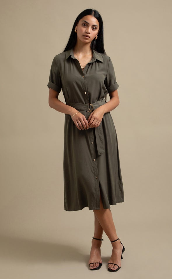 Poplin SS Tie Waist Midi Shirt Dress Khaki