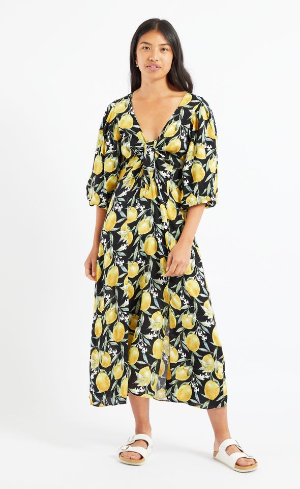 Poplin Tie Front Lemon Dress Black/lemon
