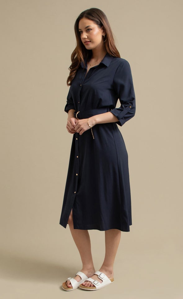 Poplin Tie Waist Midi Shirt Dress Ink