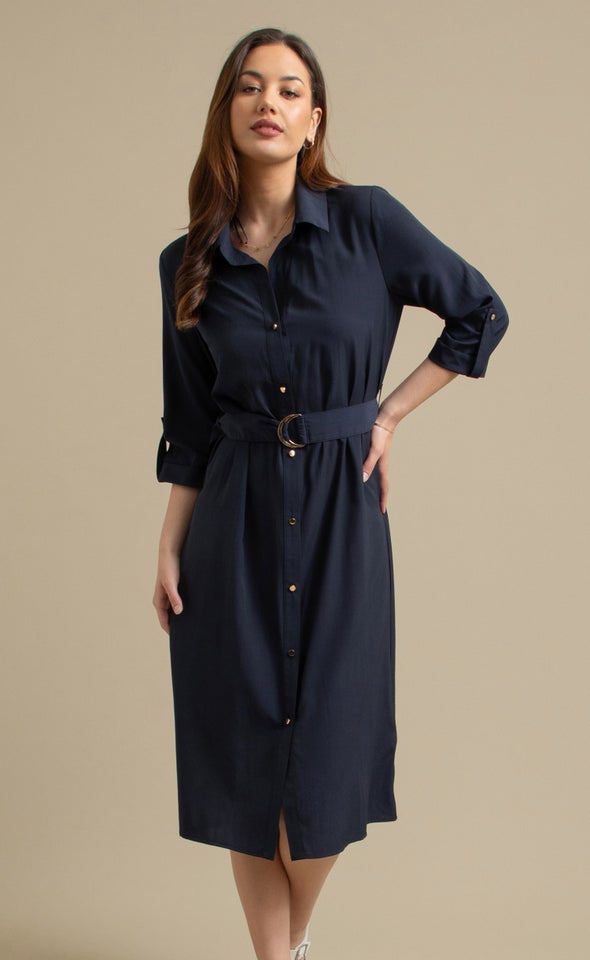 Poplin Tie Waist Midi Shirt Dress Ink