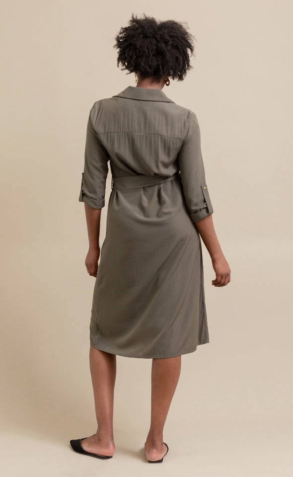 Poplin Tie Waist Midi Shirt Dress Khaki