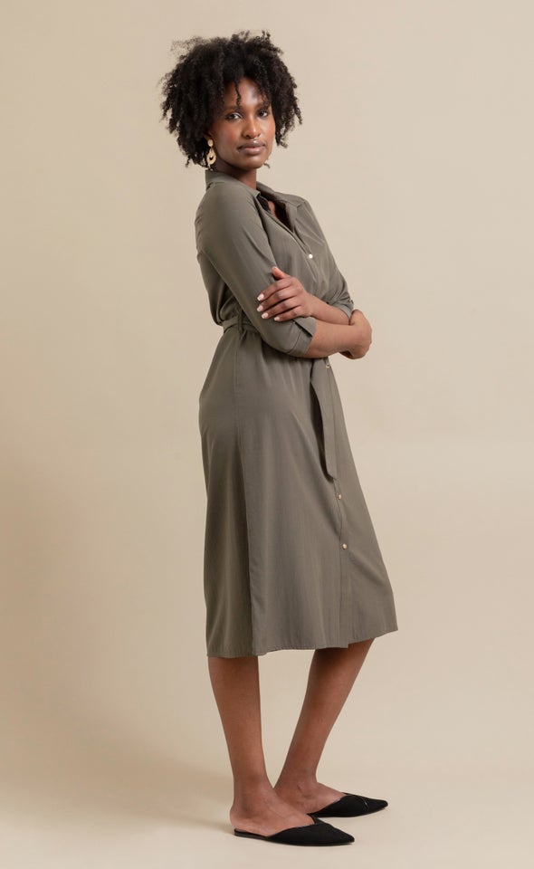 Poplin Tie Waist Midi Shirt Dress Khaki