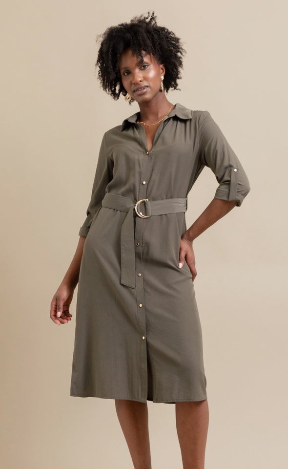 Poplin Tie Waist Midi Shirt Dress Khaki