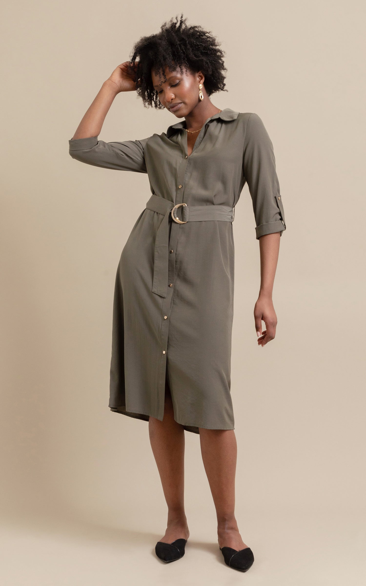 Khaki long shirt dress sales