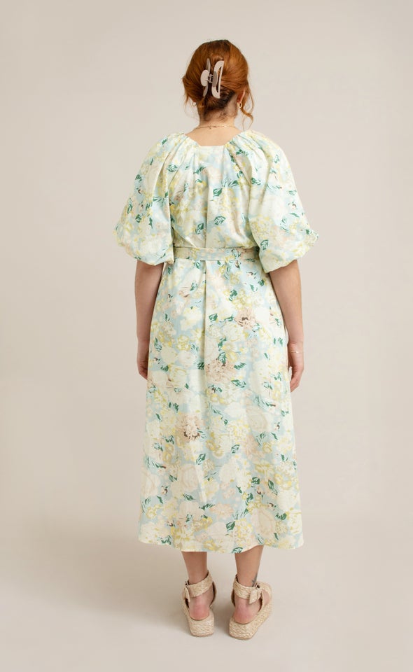 Poplin V Neck Puff Sleeve Dress Mint/floral