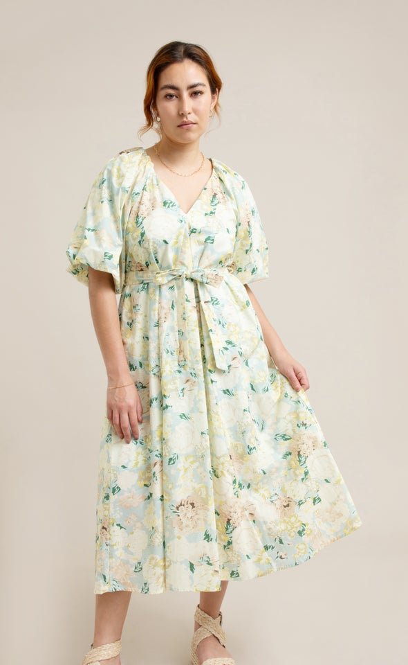 Poplin V Neck Puff Sleeve Dress Mint/floral