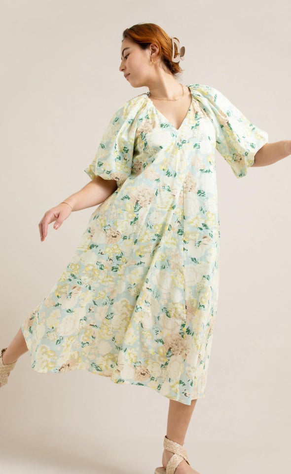 Poplin V Neck Puff Sleeve Dress Mint/floral