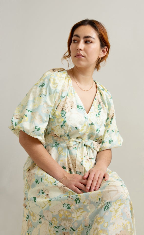 Poplin V Neck Puff Sleeve Dress Mint/floral