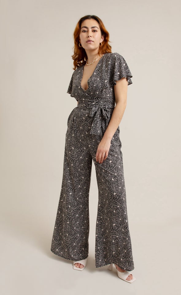 Printed Cape Sleeve Jumpsuit Blk Print