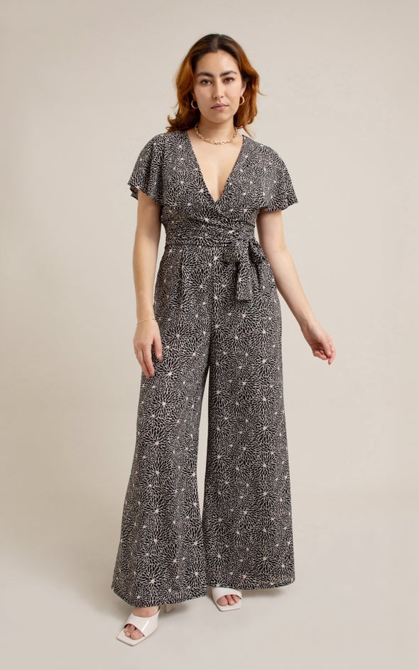 Printed Cape Sleeve Jumpsuit Blk Print