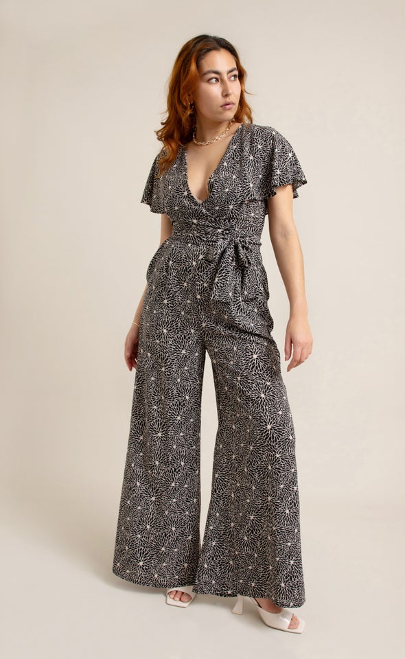 Printed Cape Sleeve Jumpsuit Blk Print