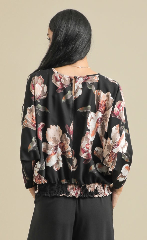 Printed CDC Batwing Top Black/floral