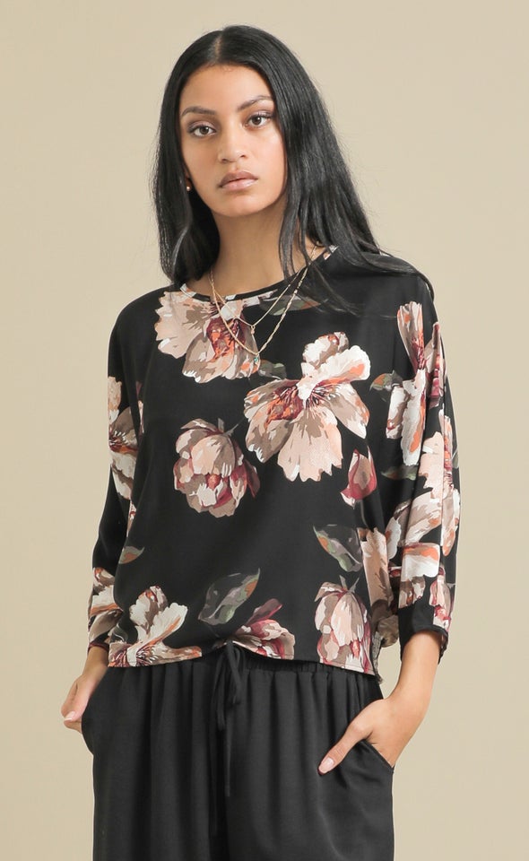 Printed CDC Batwing Top Black/floral