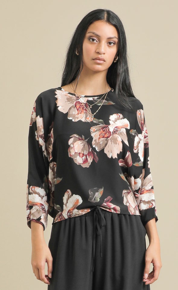 Printed CDC Batwing Top Black/floral